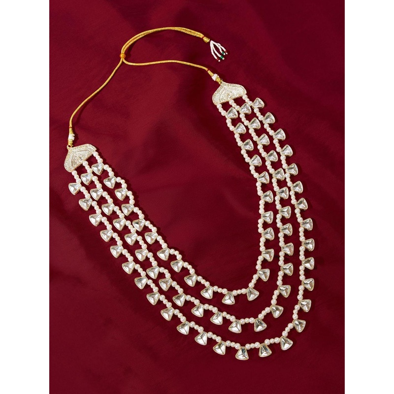 VASTRAMAY Men Brass-Plated Rhinestones Studded & Pearls Beaded Statement Layered Necklace