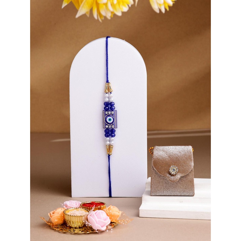 ADIVA Men Pack of 4 Evil Eye Thread Rakhi With Pooja Thali & Roli Chawal Bag