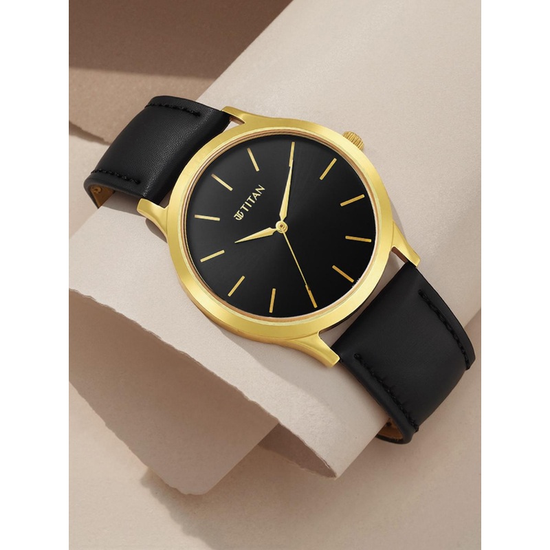 Titan Men Black Brass Dial & Black Leather Straps Analogue Watch