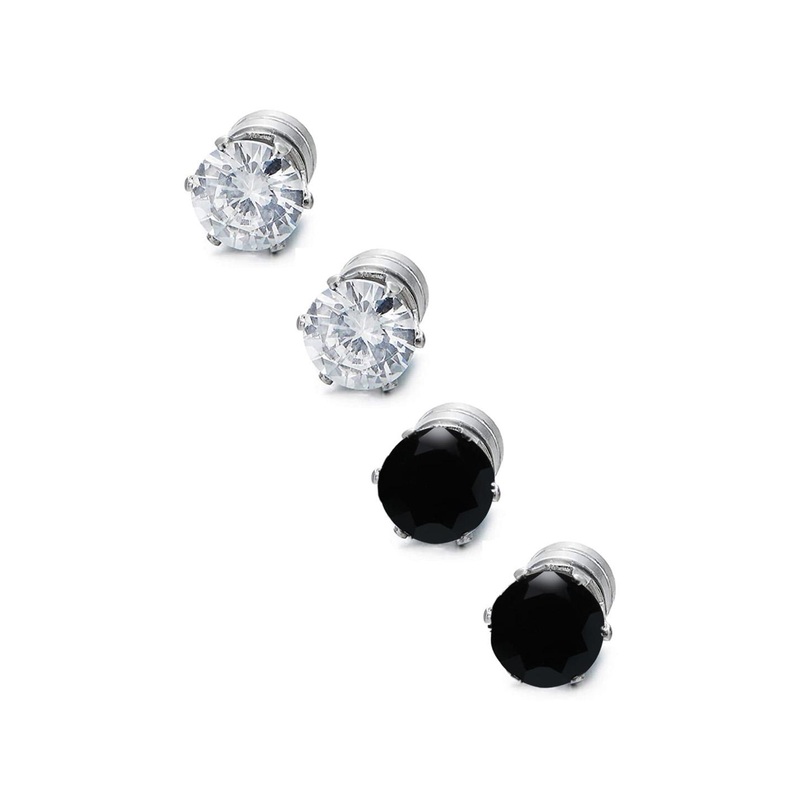 OOMPH Men Set Of 2 Black & White Cubic Zirconia Magnetic Non-Piercing Studs Earrings