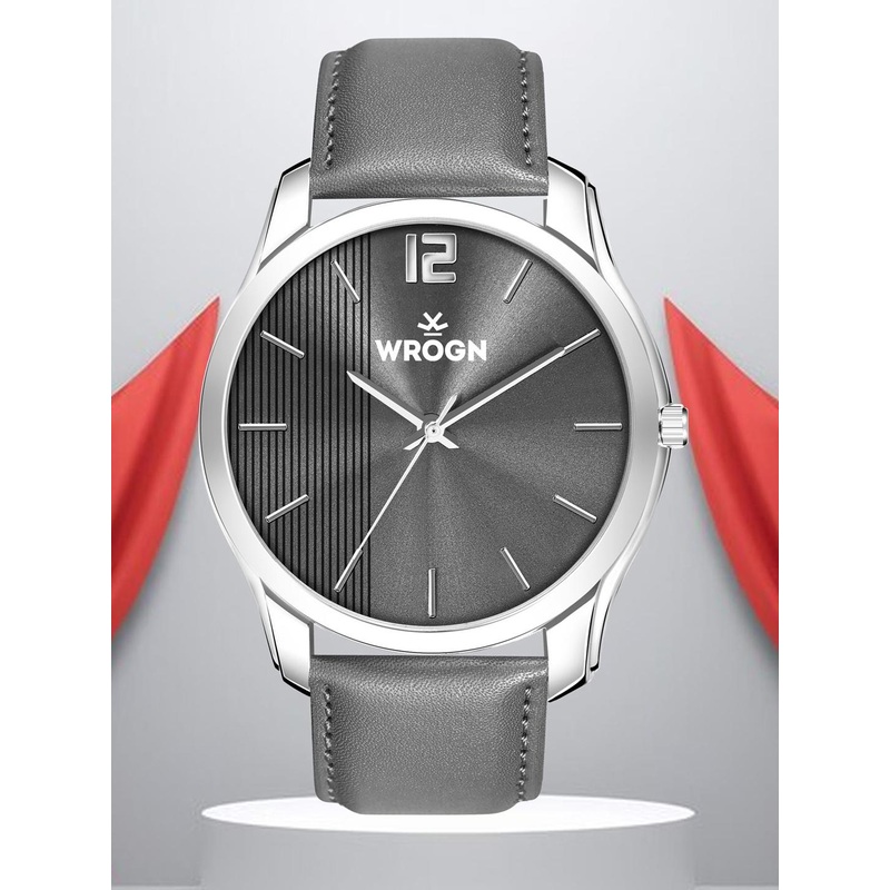 WROGN Men Brass Dial & Leather Straps Analogue Watch WR-6606-Grey