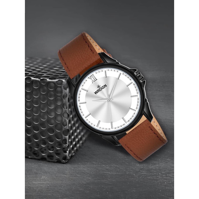 WROGN Men Textured  Dial & Leather Style Straps Analogue Watch HOBWRG-24-0438