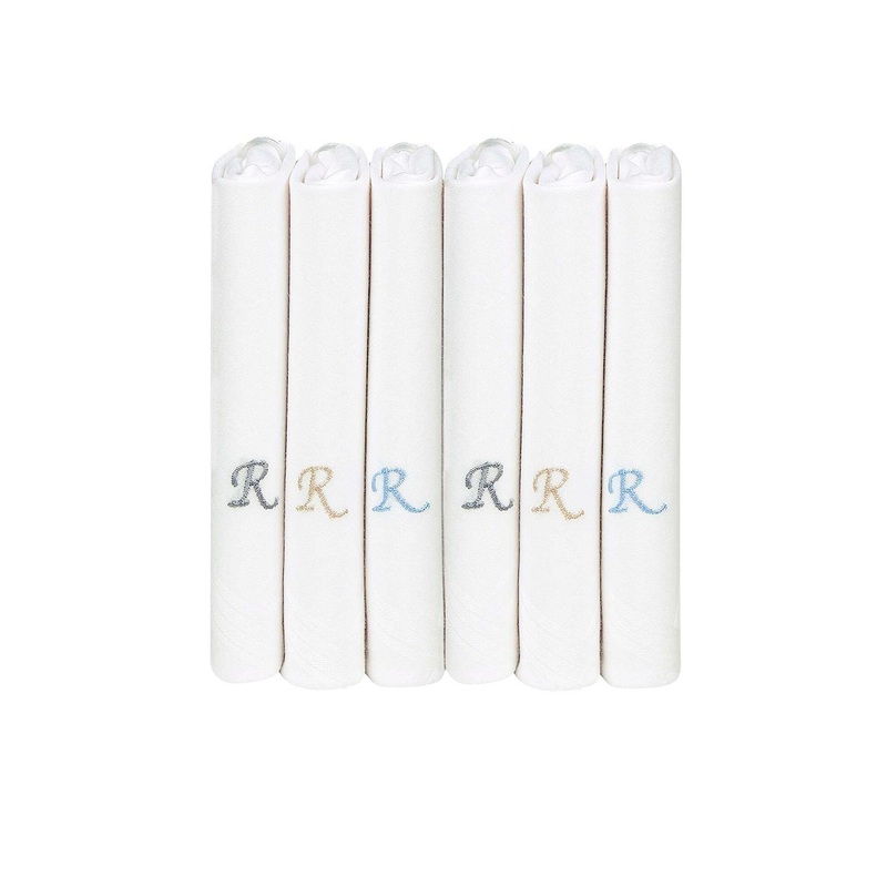 Bonjour Men Pack Of 6 White Solid Handkerchiefs Accessory Gift Set with R Initials