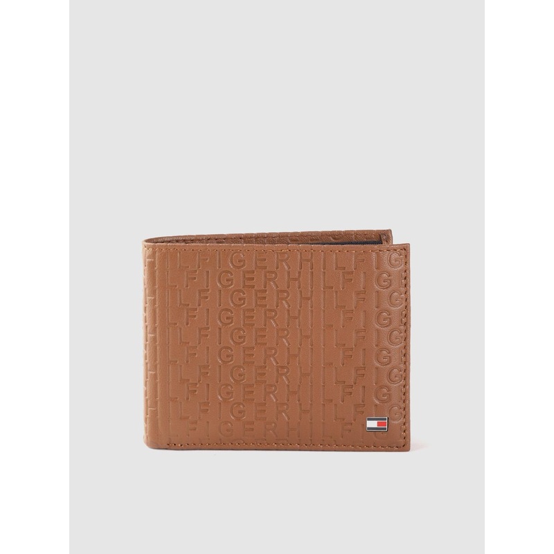 Tommy Hilfiger Men Tan Typography Textured Leather Two Fold Wallet