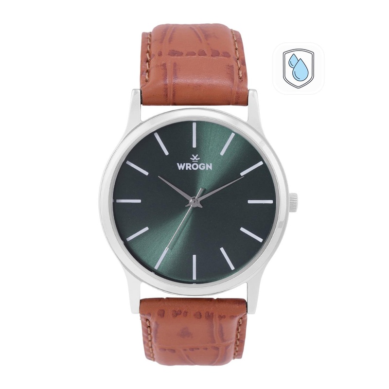 WROGN Men Green Dial & Brown Leather Croc Textured Straps Analogue Watch WRG00048D
