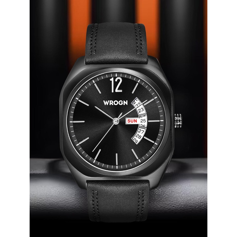 WROGN Men Textured Dial & Leather Straps Analogue Watch WR-6605-Black