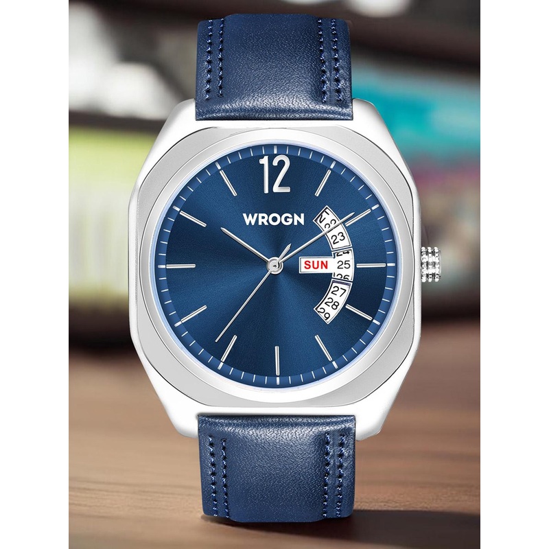 WROGN Men Textured Dial & Leather Straps Analogue Watch WR-6605-Blue