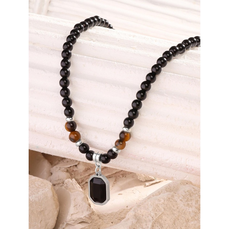 Yellow Chimes Men Stainless Steel Tiger Eye Stone Studded & Beaded Pendants with Chains