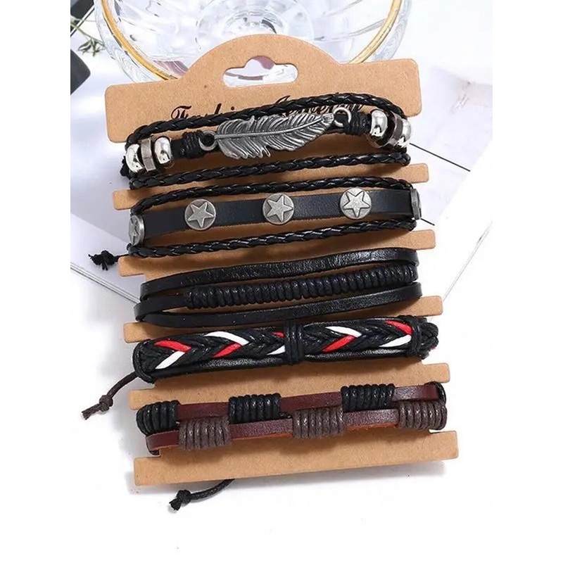 YouBella Men Set Of 5 Leather Wraparound Bracelet
