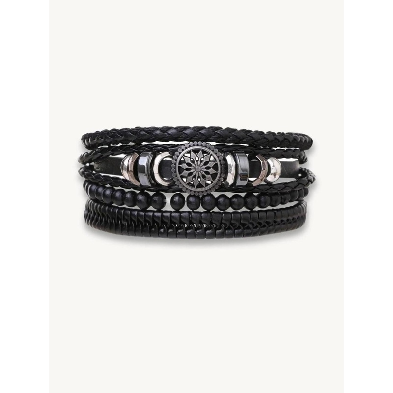 DZOIR Men Leather Multilayer Braided & Beaded Bracelet
