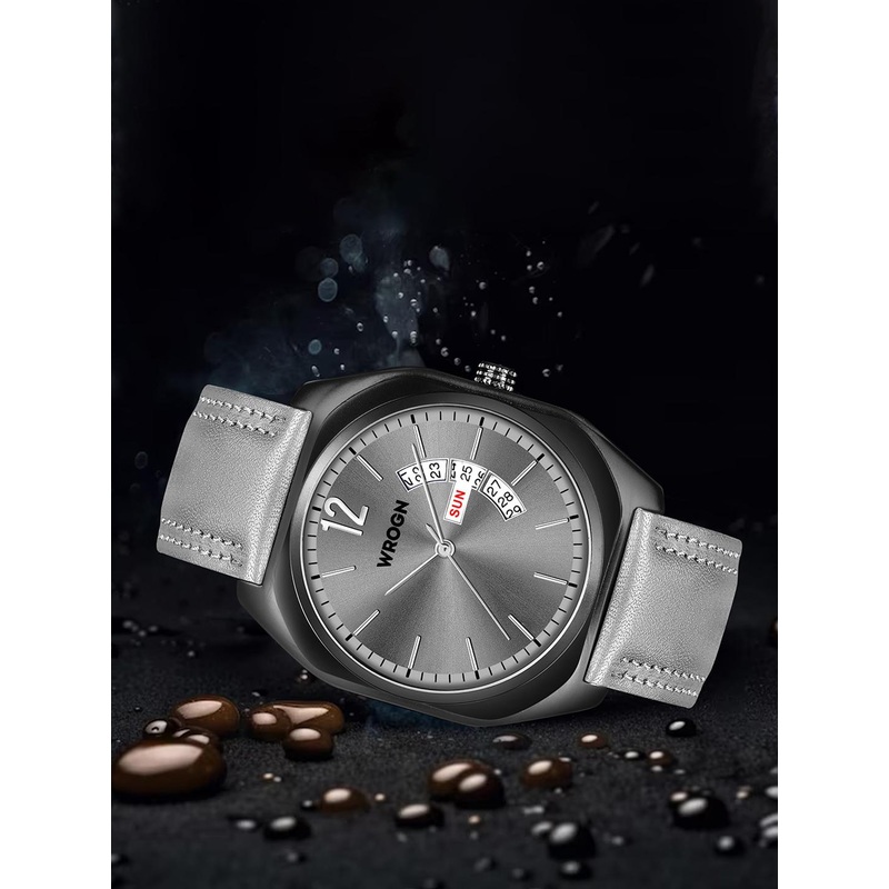 WROGN Men Textured Dial & Leather Straps Analogue Watch WR-6605-Grey