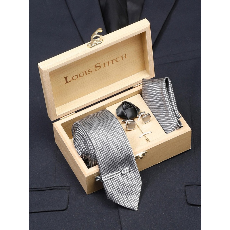 LOUIS STITCH Men Checked Silk Necktie Accessory Gift Set