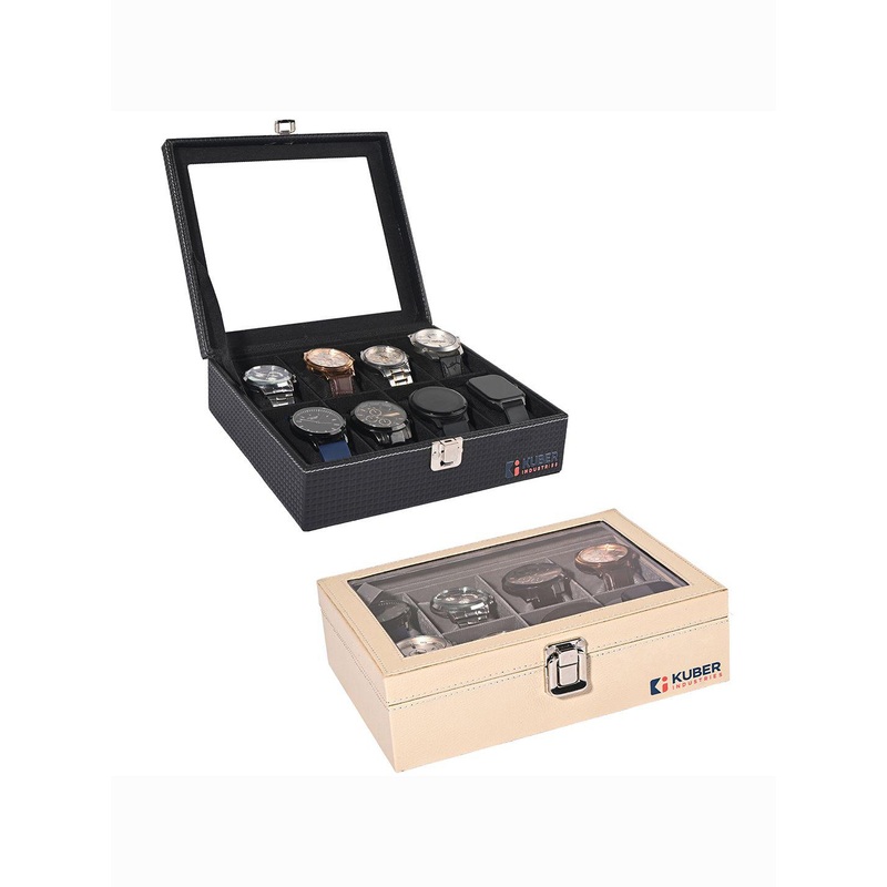 Kuber Industries Men Pack Of 2 Black Beige Leather 8 Slots Watch Organiser Accessories