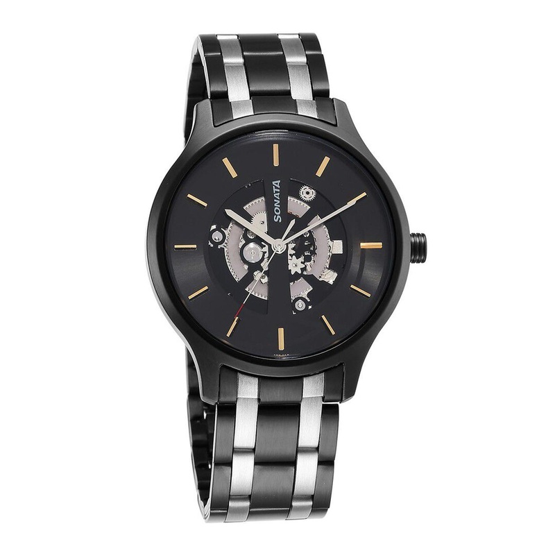 Sonata Men Textured Dial & Stainless Steel Straps Analogue Watch 7140KM03