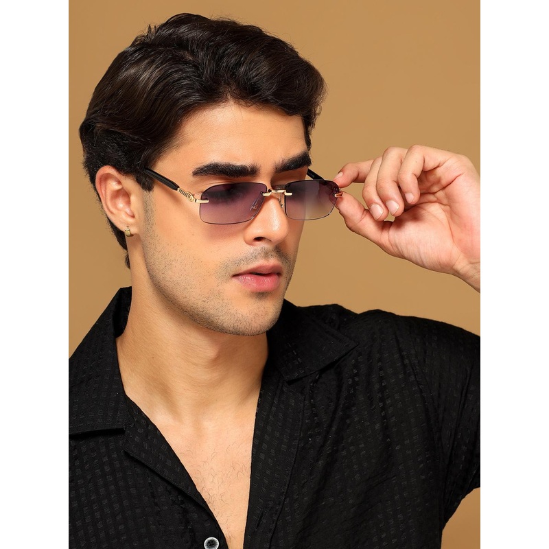 Voyage Rimless Sunglasses for Men & Women (Purple & Clear Lens | Golden Frame – MG6619)