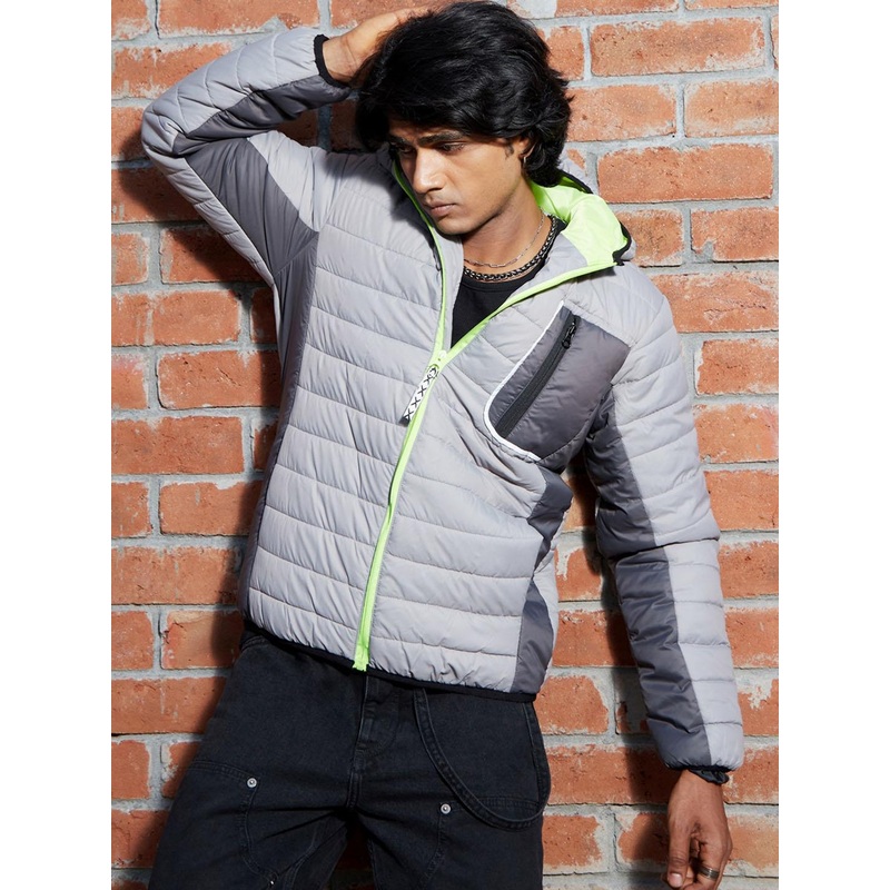 Campus Sutra Grey Hooded Windcheater Puffer Jacket With Contrast Zipper