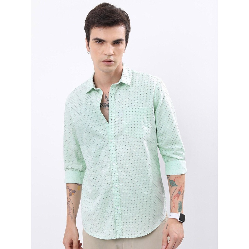 HIGHLANDER Green Geometric Printed Slim Fit Cotton Casual Shirt