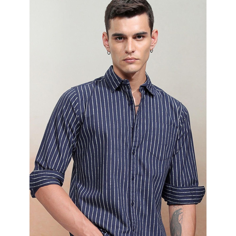 HIGHLANDER Men Cotton Linen Striped Regular Fit Shirt
