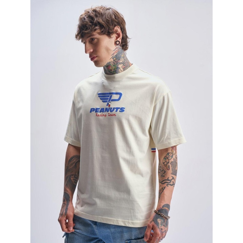 HIGHLANDER Typography Printed Round Neck Drop-Shoulder Sleeves Cotton Oversized T-shirt