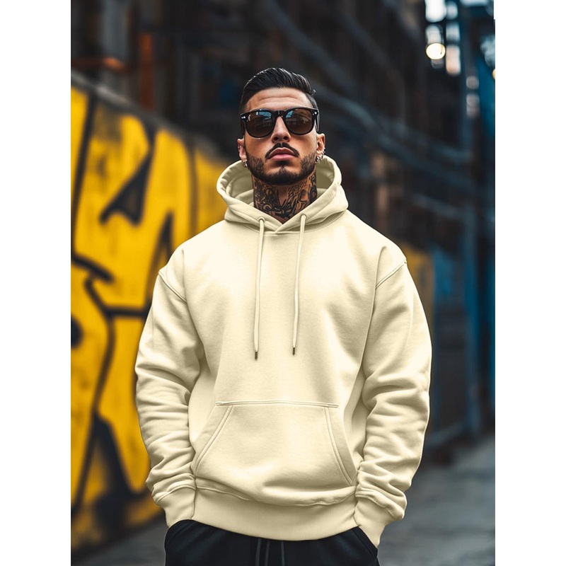 VEIRDO Men Yellow Soild Cotton Fleece Regular Fit Hooded Pullover Sweatshirt