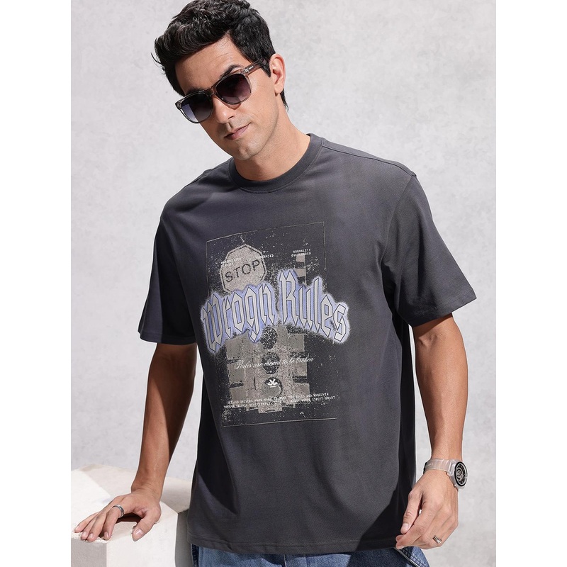 WROGN Typography Printed Drop-Shoulder Sleeves Pure Cotton Oversized T-shirt