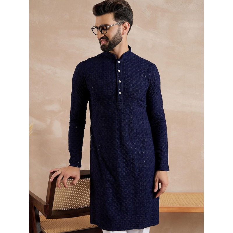 Anouk Geometric Embroidered Mandarin Collar Sequinned Straight Kurta