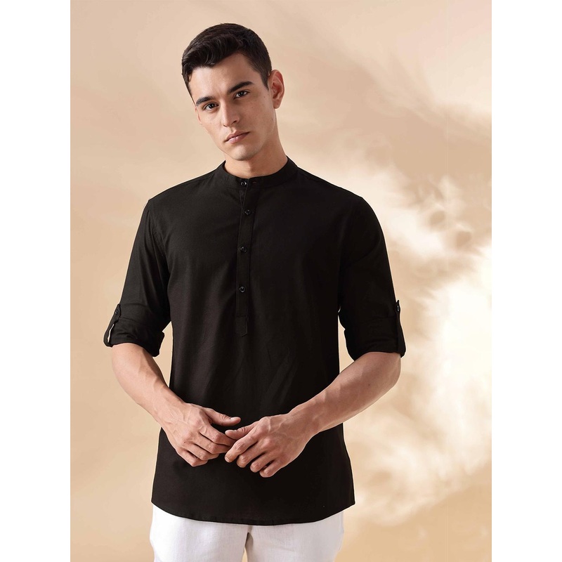 Anouk Men Solid Band Collar Cotton Straight Kurta