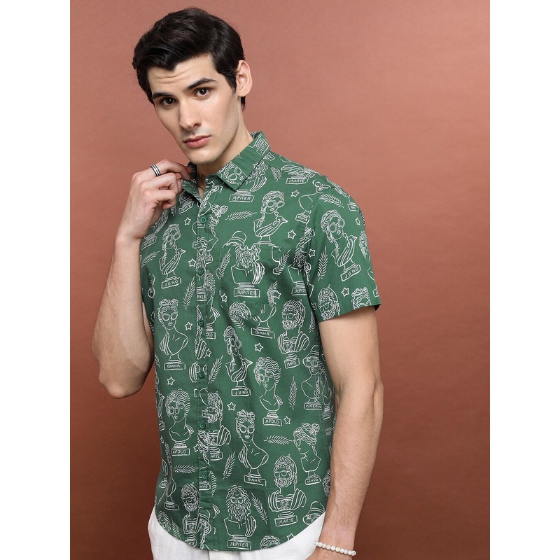 HIGHLANDER Green Slim Fit Conversational Printed Spread Collar Pocket Casual Shirt