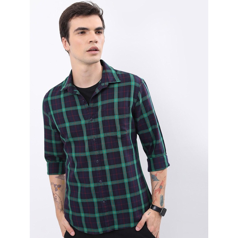 HIGHLANDER Navy Blue & Green Tartan Checks Slim Fit Casual Shirt