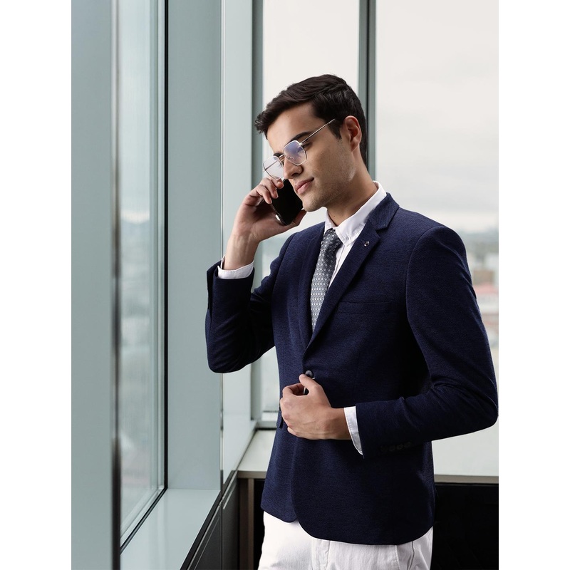 Van Heusen Men Navy Blue  Solid Slim-Fit Single Breasted Formal Blazer