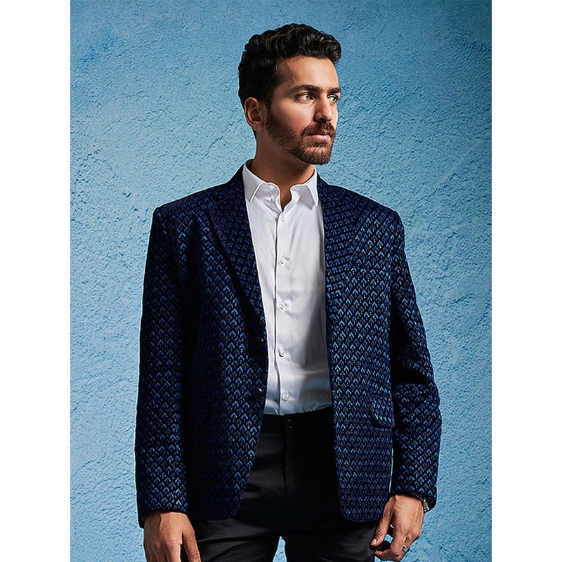 VASTRAMAY Embroidered Notched Lapel Slim Fit Single Breasted Blazers