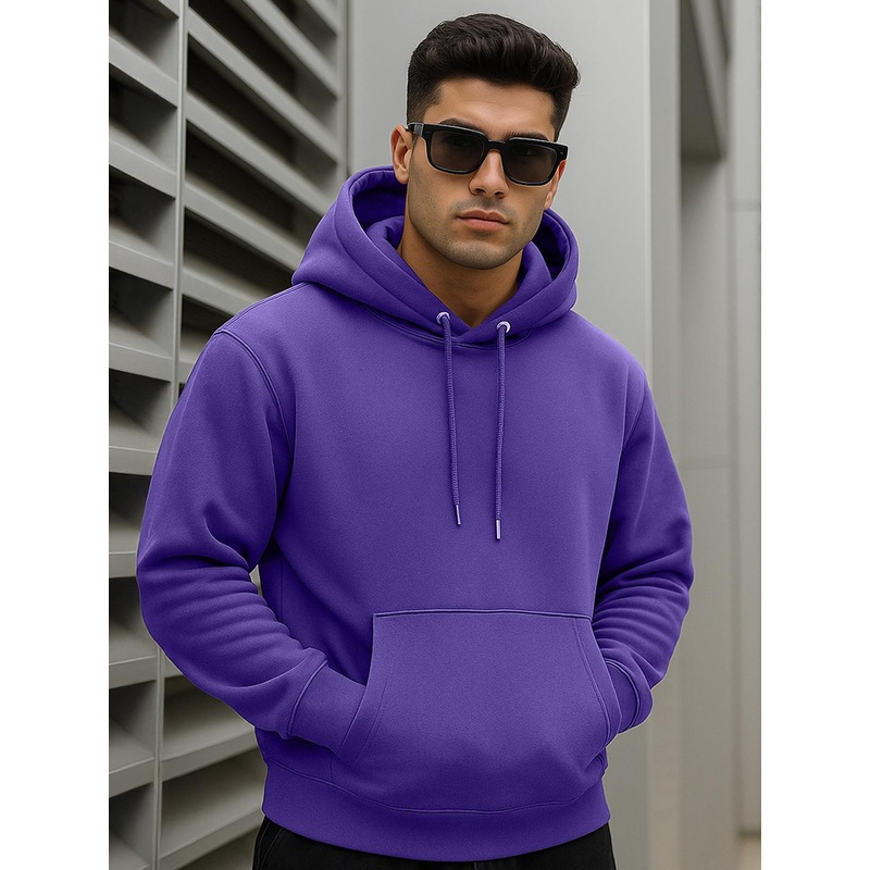 VEIRDO Men Purple Solid Cotton Fleece Regular Fit Hooded Pullover Sweatshirt