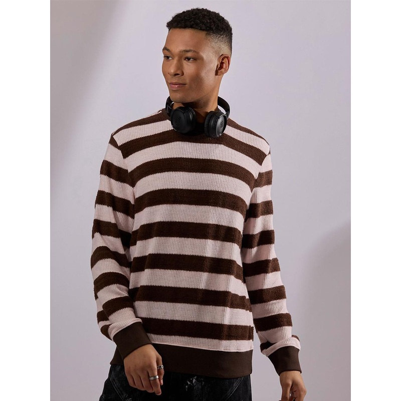 Espanshe Men Swyft Striped Crew Neck Sweate Dark Brown