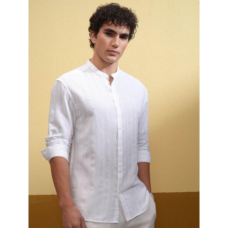 HIGHLANDER Men Mandarin Collar Vertical Striped Cotton Relaxed Fit Casual Shirt