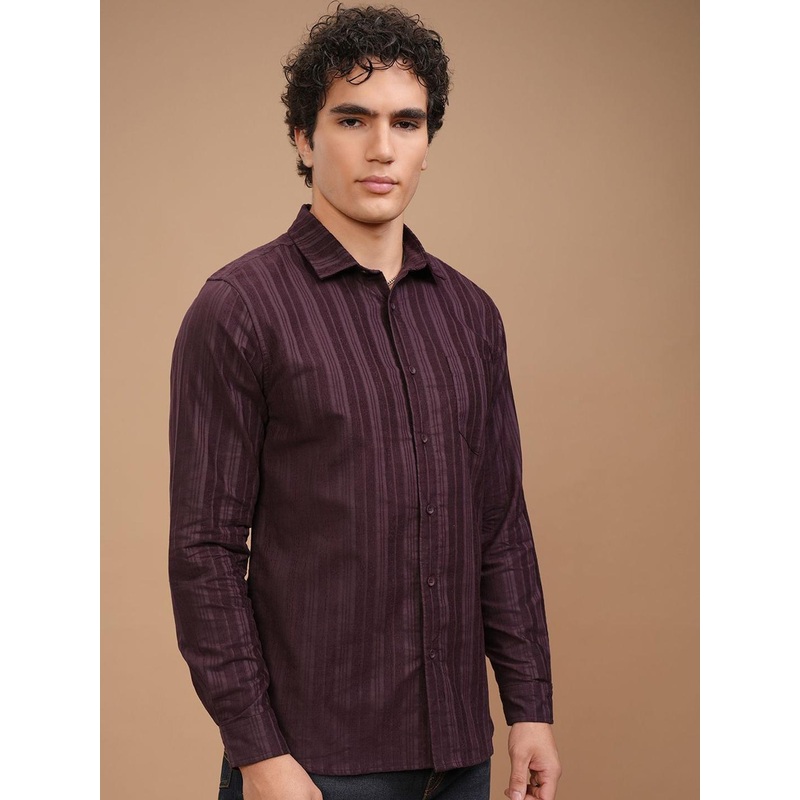HIGHLANDER Men Slim Fit Spread Collar Vertical Striped Cotton Casual Shirt