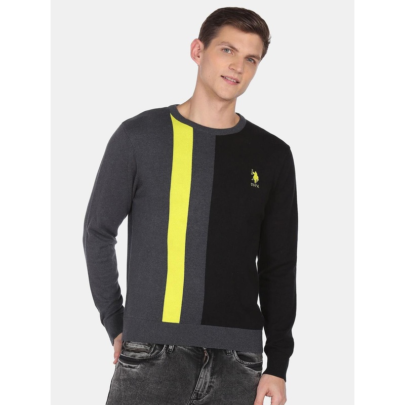 U S Polo Assn Men Grey & Black Colourblocked Pullover Pure Cotton Sweater