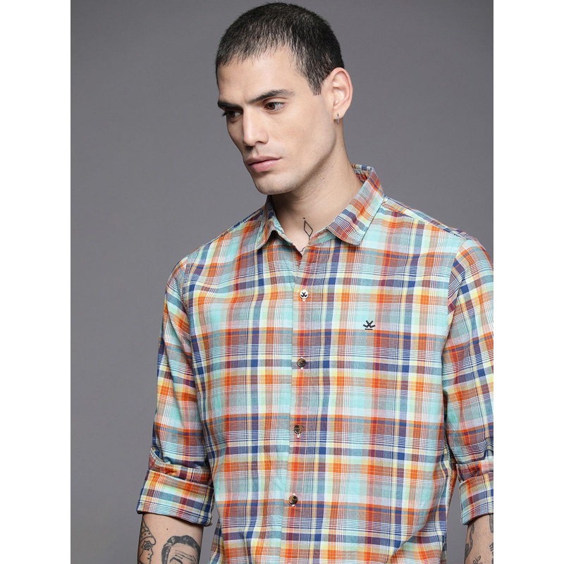 WROGN Men Blue & Orange Slim Fit Checked Pure Cotton Casual Shirt
