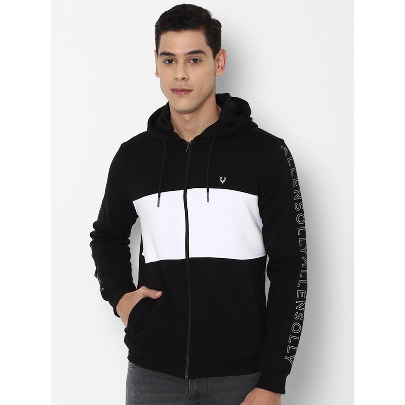 Allen Solly Men Black & White Colourblocked Pure Cotton Hooded Sweatshirt