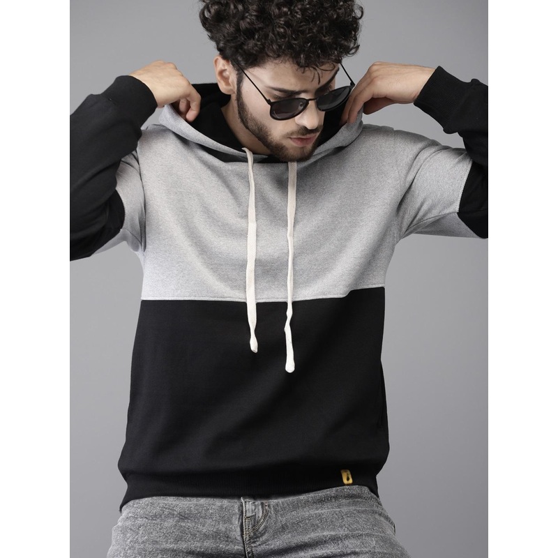 Campus Sutra Men Black & Grey Colourblocked Hooded Sweatshirt