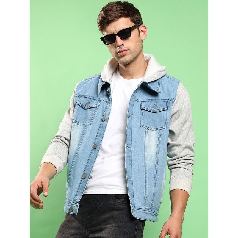 Campus Sutra Washed Colourblocked Hooded Windcheater Cotton Denim Jacket