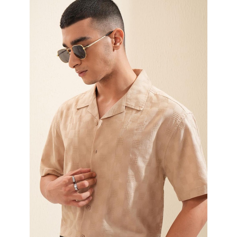 Highlander Men Dobby Textured Solid Cuban Collar Relaxed Shirt
