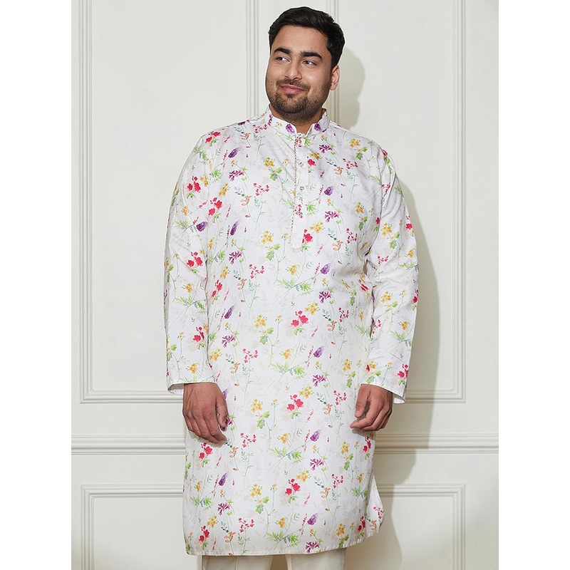 VASTRAMAY Plus Size Floral Printed Mandarin Collar Cotton Silk Straight Kurta