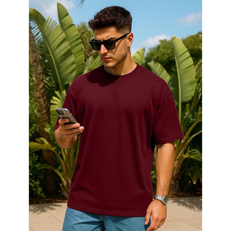 VEIRDO Maroon Drop-Shoulder Sleeves Pure Cotton Oversized T-shirt