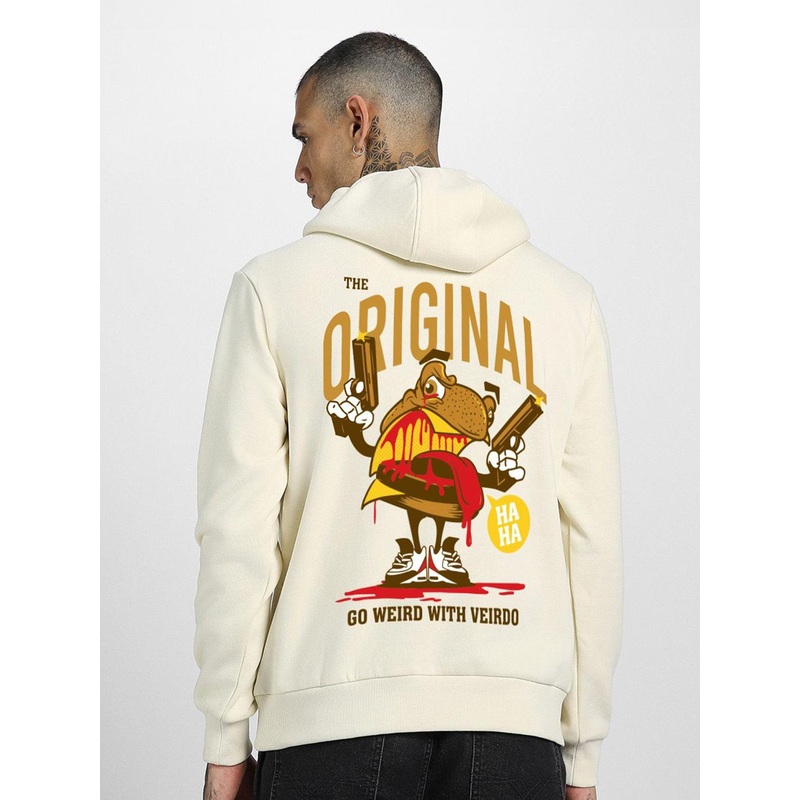 VEIRDO Men Off White Graphic Printed Cotton Fleece Regular Fit Hooded Pullover Sweatshirt