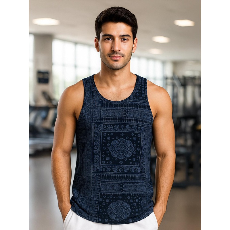 VEIRDO Navy Blue Ethnic Printed Sleeveless Pure Cotton T-shirt