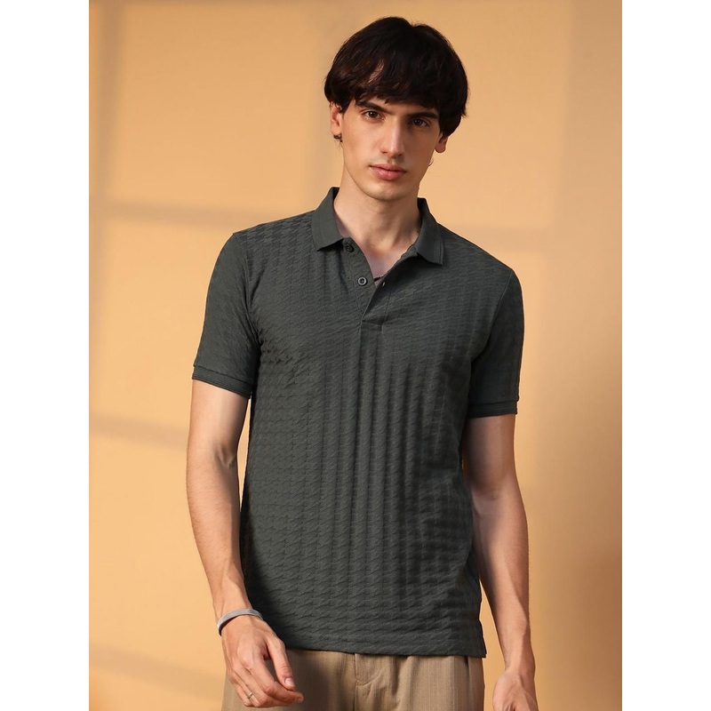Campus Sutra Men Self Design Polo Collar Cotton T-Shirt