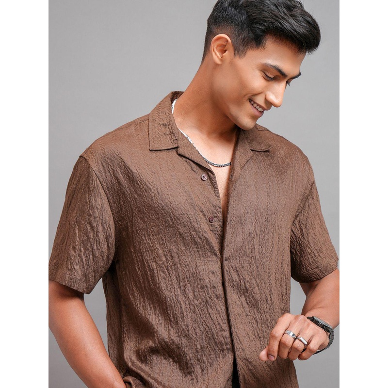 Highlander Men Jacquard Textured Solid Cuban Collar Relaxed Shirt