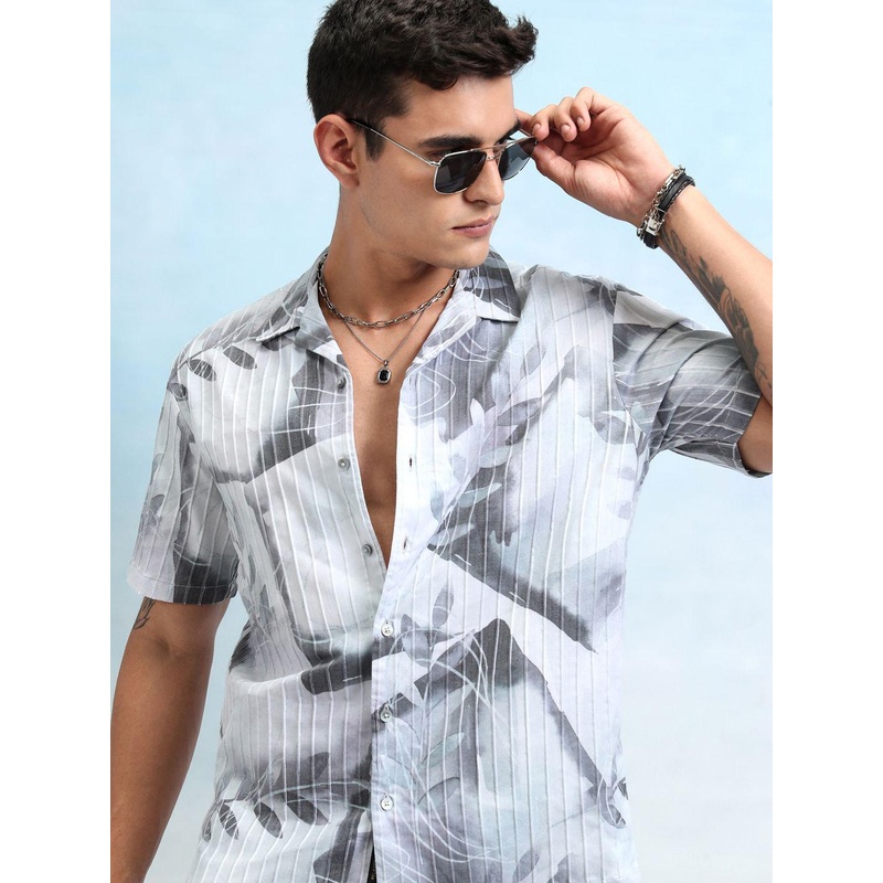 Highlander Men Popcorn Textured Printed Cuban Collar Relaxed Shirt