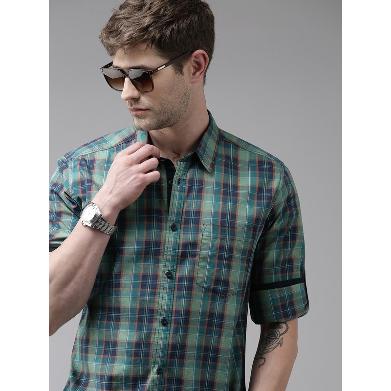 Roadster Men Blue And Teal Tartan Checked Regular Fit Pure Cotton Sustainable Casual Shirt