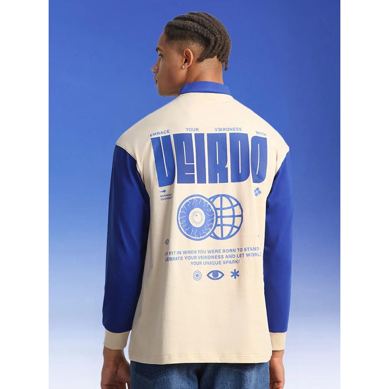 VEIRDO Men Full Sleeve Pure Cotton Back Printed Oversized Zipper Polo T-shirt